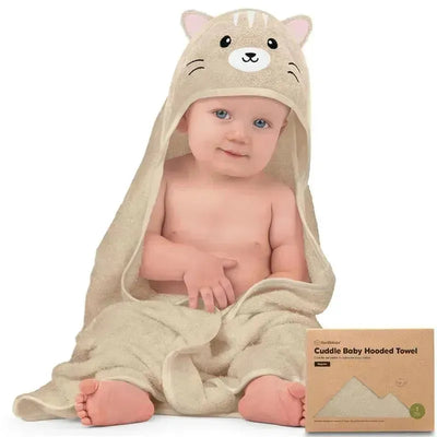 Baby wearing a cat-themed hooded towel, seated with a playful expression, beside the product packaging for Keababies Cuddle Baby Hooded Towel.