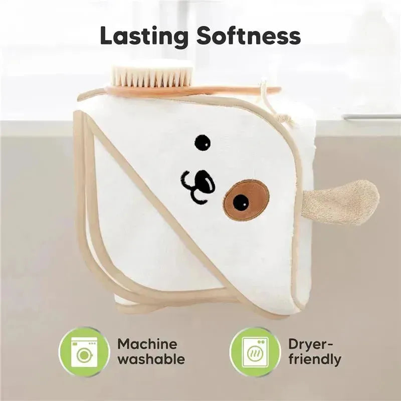 Hooded towel shaped like a dog, featuring a cute face, with details on being machine washable and dryer-friendly.