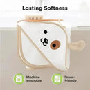 Hooded towel shaped like a dog, featuring a cute face, with details on being machine washable and dryer-friendly.
