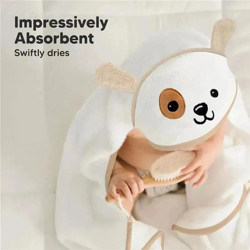 Hooded baby towel designed as a dog with a smiling face, featuring absorbent fabric for quick drying.