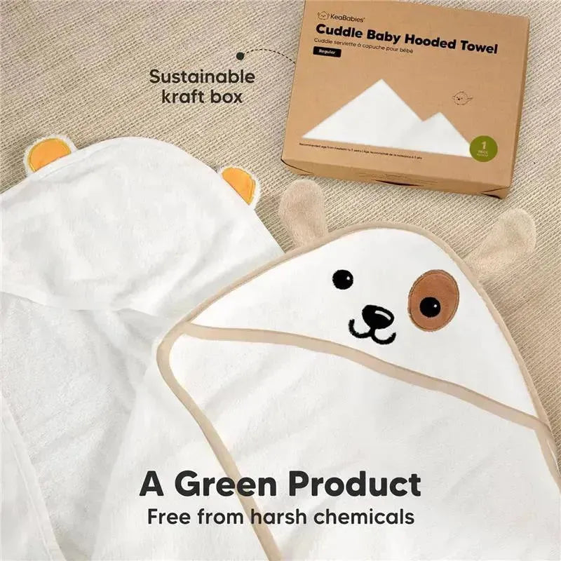 Hooded towel shaped like a dog, featuring a smiling face, ears, and a sustainable kraft packaging. Text highlights its eco-friendliness.