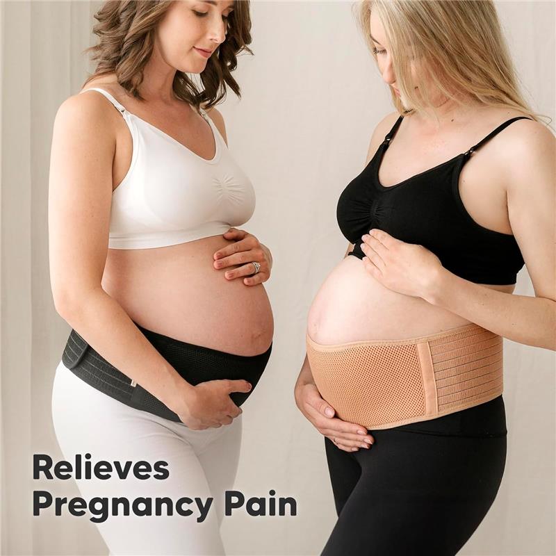 KeaBabies maternity belly bands in beige, worn by two pregnant women, highlighting comfort and pain relief.