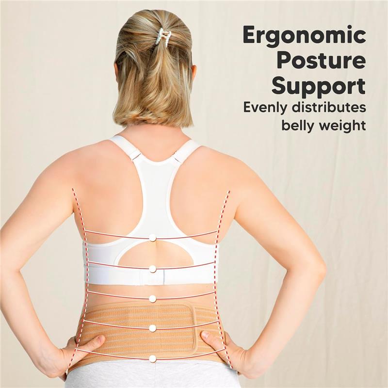 Maternity belly band by KeaBabies in beige, worn by a woman displaying ergonomic support for belly weight distribution.