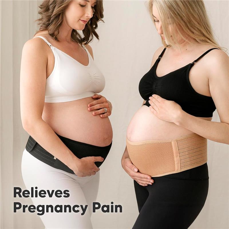 Maternity belly bands in use by two pregnant women, one wearing a black band and the other a nude band, showcasing comfort.