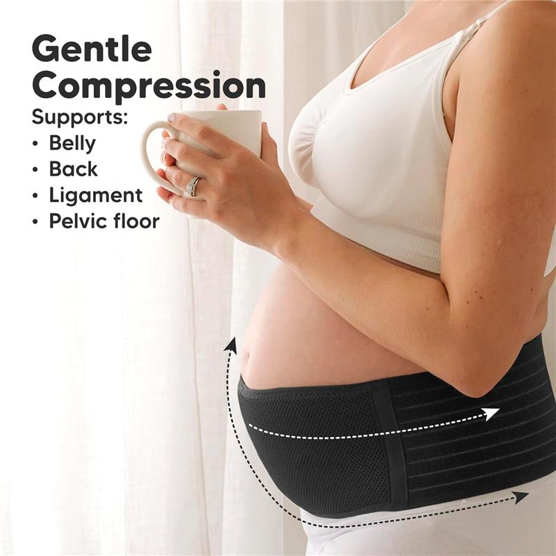 KeaBabies maternity belly band in black worn by a pregnant woman, offering gentle compression support for the belly, back, and pelvic floor.
