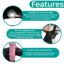 Portable black and rose gold kid-friendly fan featuring an LED light, USB rechargeability, and a comfort grip handle.