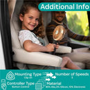 A young girl sits in a car seat holding a black and rose gold Kidco 3 Speed Turbofan, smiling.