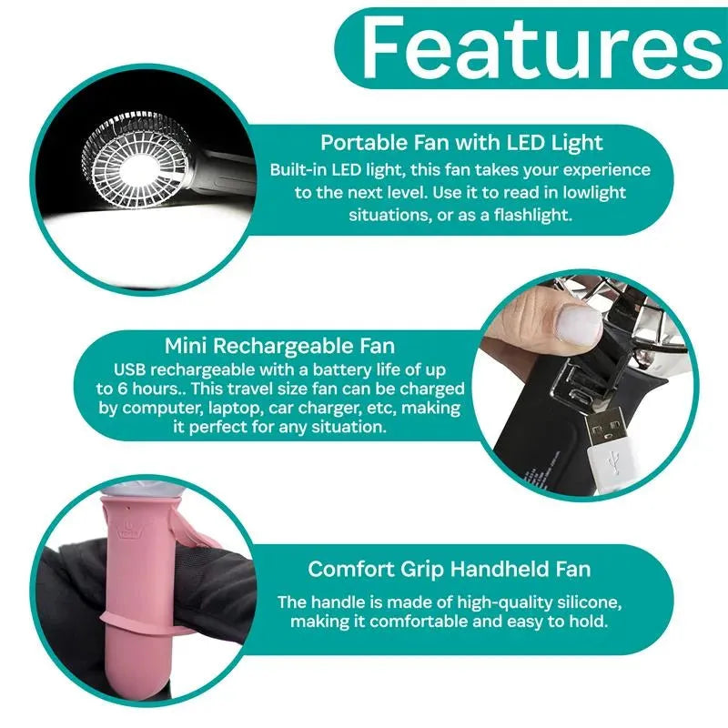 Portable pink and white Kidco 3 Speed Turbofan with LED light features, highlighting a mini rechargeable design and comfort grip handle.