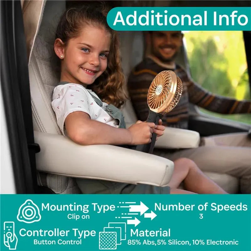 A smiling girl in a car holds a pink and white Kidco 3 Speed Turbofan, featuring a clip-on design and displaying additional info.