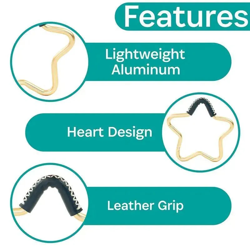 Gold and navy leather star-shaped hook for strollers, features lightweight aluminum, heart design, and leather grip.