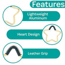 Gold and navy leather star-shaped hook for strollers, features lightweight aluminum, heart design, and leather grip.