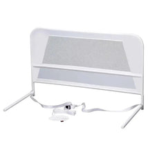 White mesh bed rail guard for toddlers, 39 inches long, featuring safety straps and a sturdy frame.