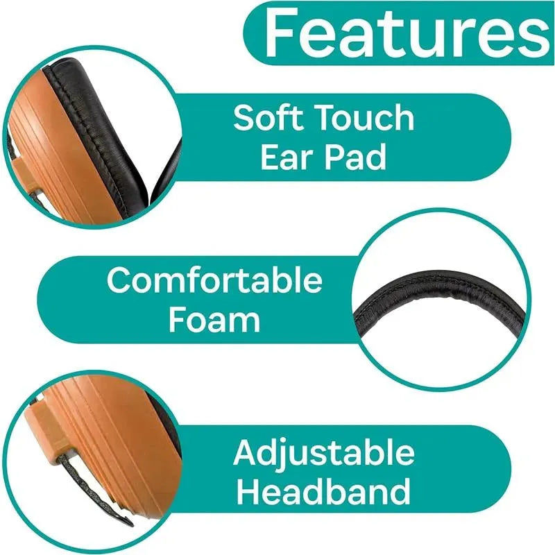 Kidco Whispears headphones in orange, highlighting features: soft touch ear pad, comfortable foam, and adjustable headband.