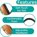 Kidco Whispears headphones in orange, highlighting features: soft touch ear pad, comfortable foam, and adjustable headband.