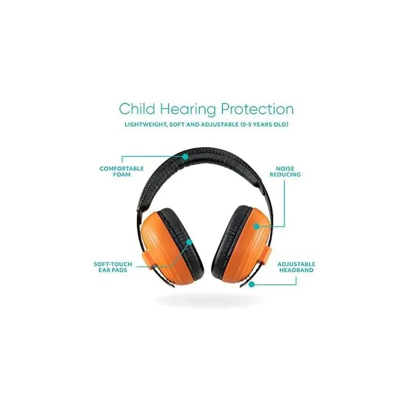 Kidco Whispears child hearing protection headphones in orange, featuring soft ear pads, adjustable headband, and noise reduction.