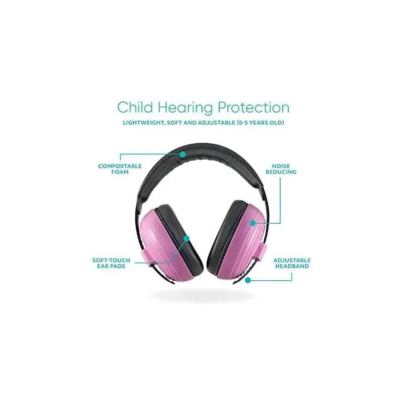 Child hearing protection headphones in pink, featuring adjustable headband, soft-touch ear pads, and noise-reducing foam.
