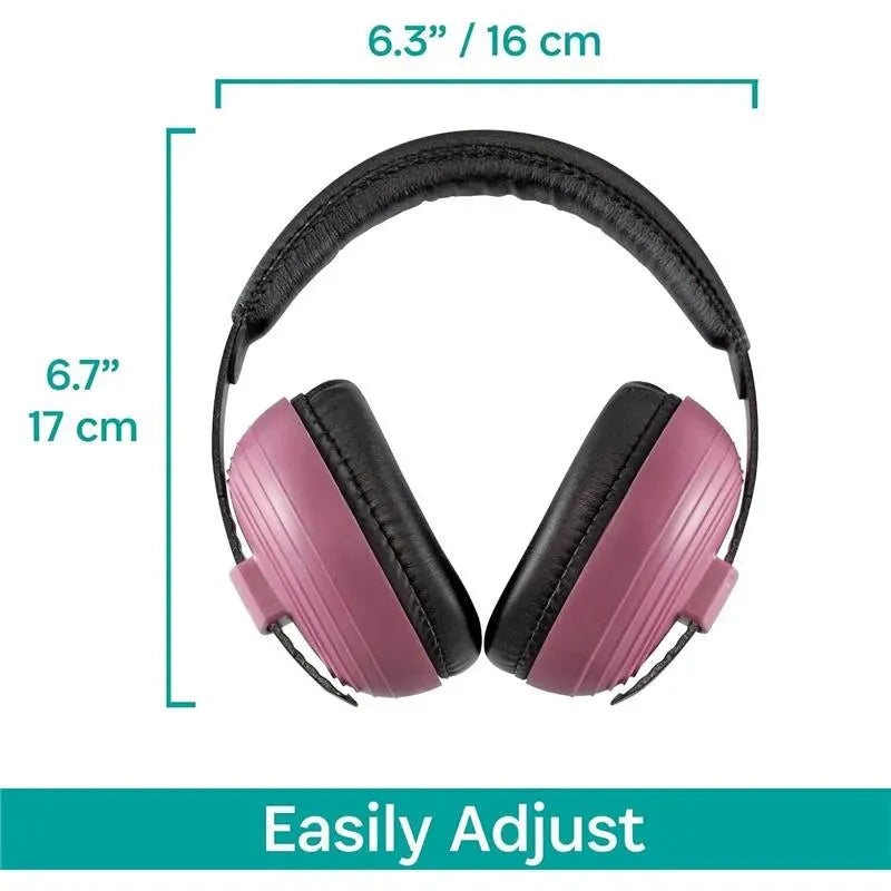 Kidco Whispears hearing protection headphones in pink, featuring adjustable size and black ear cushions.
