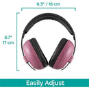 Kidco Whispears hearing protection headphones in pink, featuring adjustable size and black ear cushions.