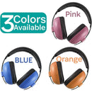 Kidco Whispears ear protection headphones available in pink, blue, and orange, displaying their vibrant colors.