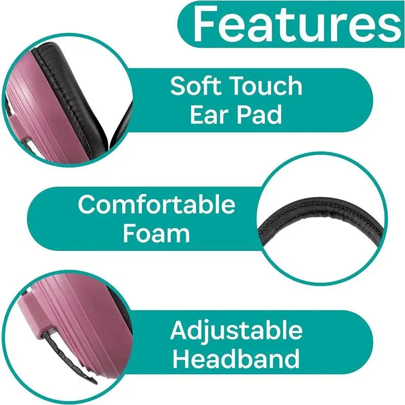 Kidco Whispears headphones in pink featuring soft touch ear pads, comfortable foam, and an adjustable headband.
