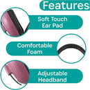 Kidco Whispears headphones in pink featuring soft touch ear pads, comfortable foam, and an adjustable headband.