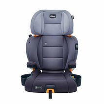 Chicco Kidfit ClearTex Plus High Back Booster Car Seat in lilac with adjustable headrest and cup holders.