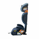 High back booster car seat in navy blue with orange accents, featuring safety warnings and adjustable headrest.