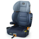 Chicco Kidfit ClearTex Plus High Back Booster Car Seat in navy blue with adjustable headrest and armrests.