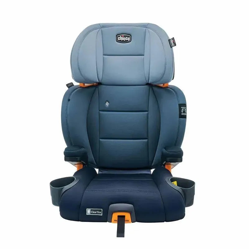 High back booster car seat by Chicco in navy blue with adjustable headrest and armrests, includes cup holders.