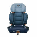 High back booster car seat by Chicco in navy blue with adjustable headrest and armrests, includes cup holders.