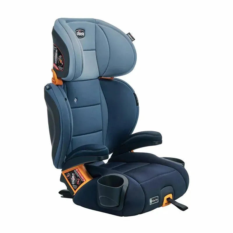 Chicco Kidfit ClearTex Plus High Back Booster Car Seat in navy blue with armrests and cup holder.