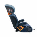 Chicco Kidfit ClearTex Plus High Back Booster Car Seat in navy blue with side armrests and safety instructions visible.