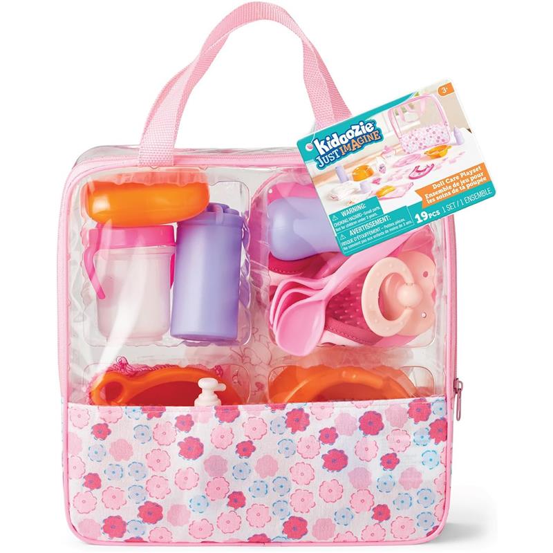 Doll Care Playset by Kidoozie in a clear storage bag, featuring bottles, a pacifier, and utensils, totaling 19 pieces.