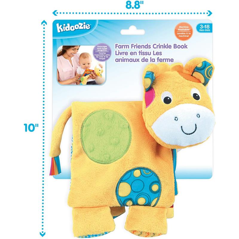 Kidoozie Farm Friends Crinkle Book with bright colors and animal shapes, designed for infants ages 3-18 months.
