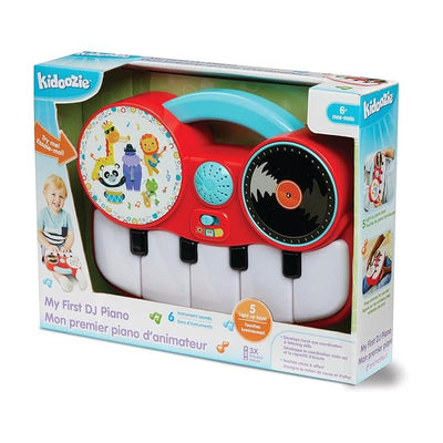 Kidoozie My First DJ Piano in a colorful box features a child-friendly design with six instrument sounds and five light-up keys.