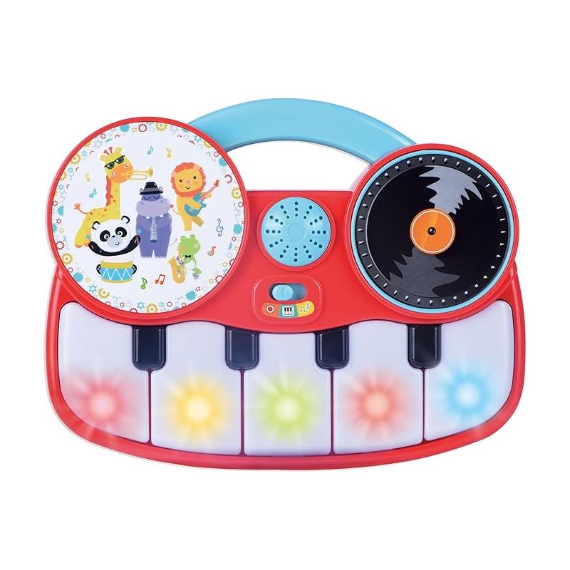 Colorful piano toy with drum pads and a record function, featuring animal illustrations and light-up keys for interactive play.