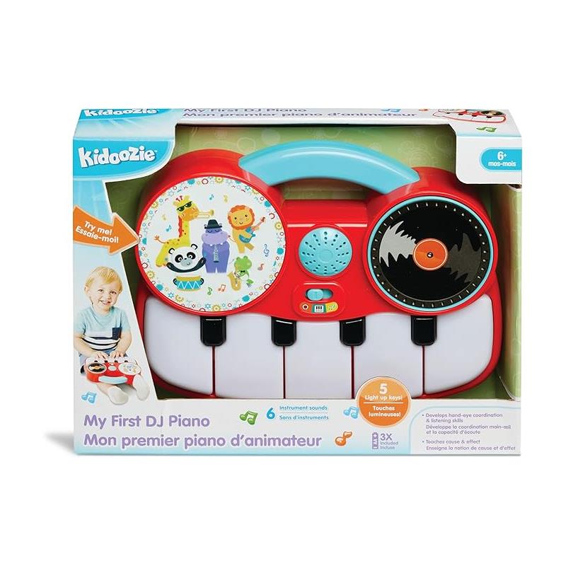 Kidoozie My First DJ Piano with playful design, six instrument sounds, and five light-up keys for toddlers.