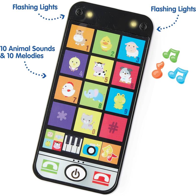 Interactive toy phone with animal sounds, melodies, and flashing lights; features colorful animal icons on the touchscreen.