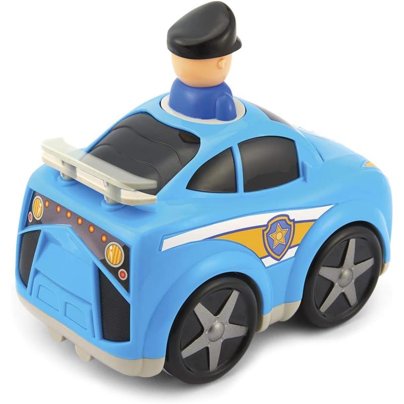 Blue toy police car with a smiling officer figure on top; designed for children to push and zoom around.