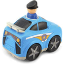 Blue toy police car with a smiling officer figure on top; designed for children to push and zoom around.