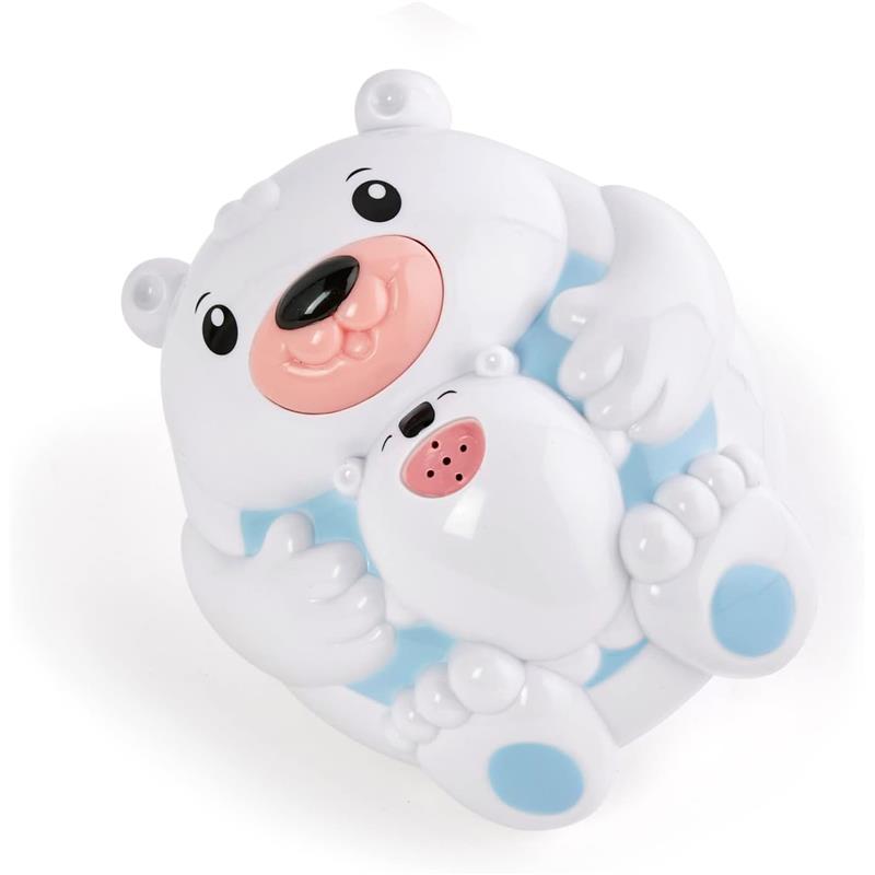 Adorable polar bear toy with a baby bear, designed for water play and squirt activities. Features bright colors and cute expressions.