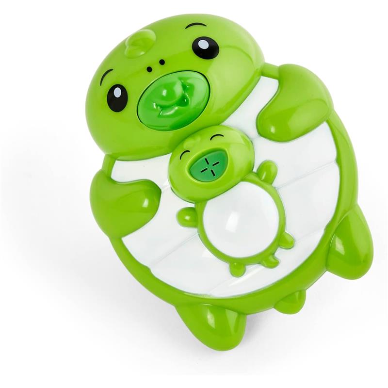 A green squirt toy featuring a smiling frog holding a smaller frog, designed for water play.