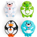 Colorful squirt toys featuring a bear, turtle, penguin, and seal, designed for water play fun.