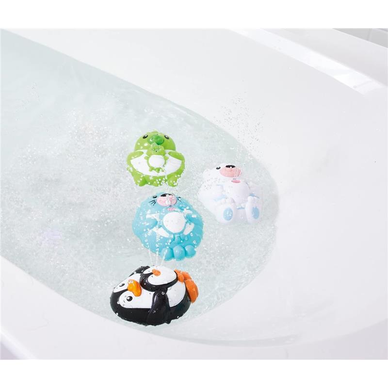 Colorful water-squirting animal toys including a penguin, seal, bear, and frog, splashing in a tub of water.