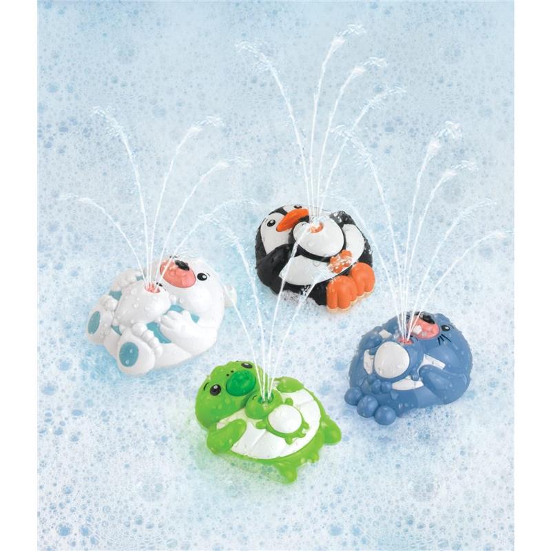 Assorted squirt toys including a polar bear, penguin, turtle, and seal, spraying water in bubbly blue water.