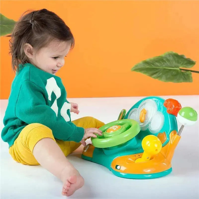 Child playing with Bright Starts Lights & Colors Driver Toy Steering Wheel featuring interactive buttons and colorful design.