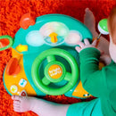 Bright Starts Lights & Colors Driver Toy Steering Wheel with buttons, lights, and a child interacting with it.
