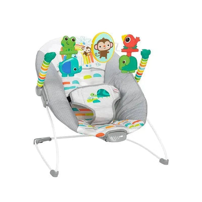 Bright Starts Playful Paradise Comfy Baby Bouncer with colorful animal toys and soothing vibration feature.
