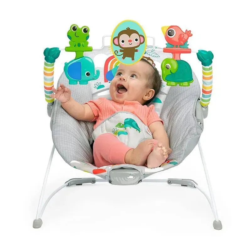 Comfy baby bouncer seat featuring a joyful baby, colorful toy attachments, and a soothing design.