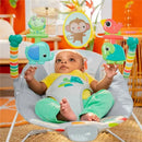 Bright Starts Comfy Baby Bouncer featuring toys, a smiling baby, and a colorful environment with soothing elements.